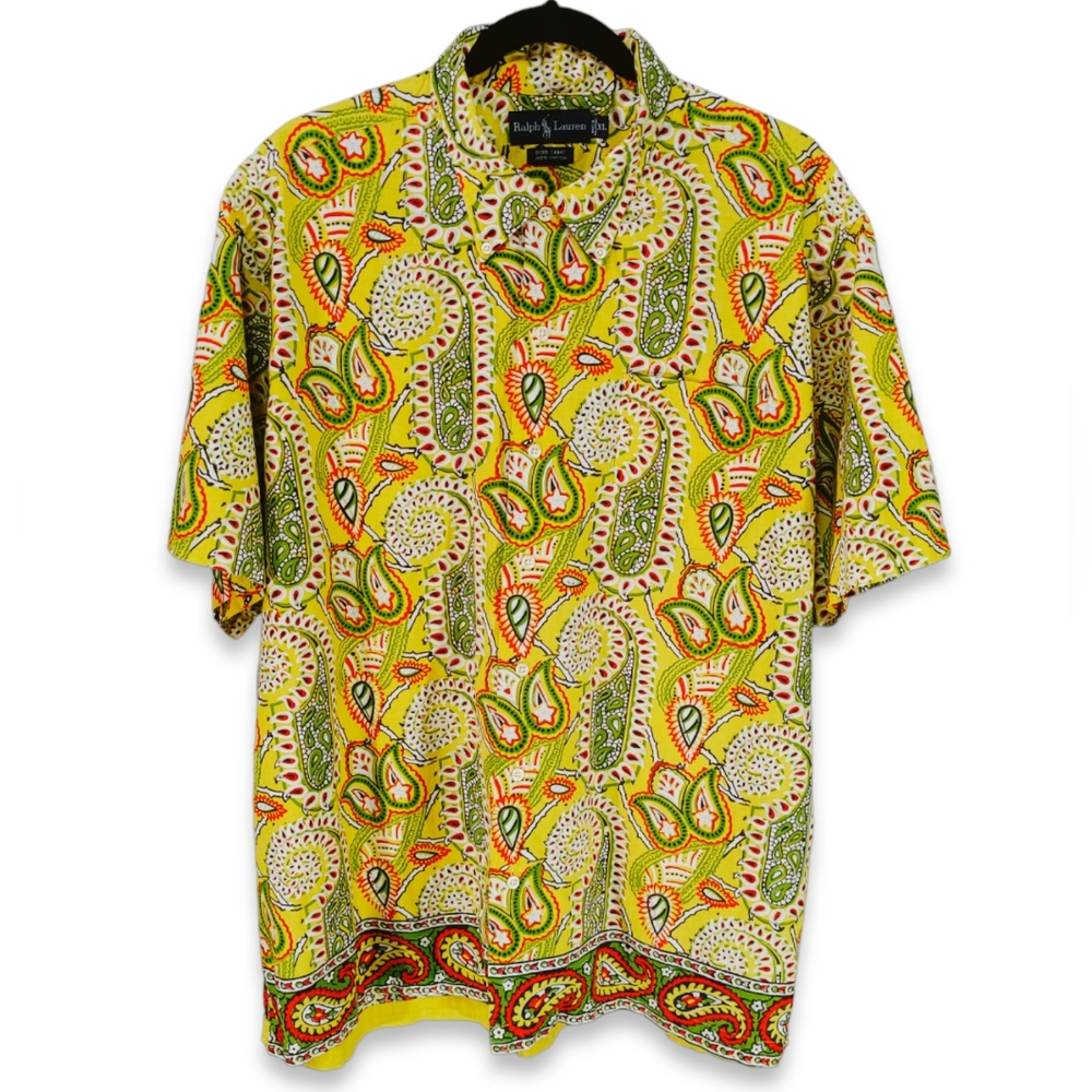 Vintage Ralph Lauren Shirt Mens Size XL Yellow Green Paisley Vtg Button Down